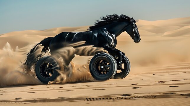 Black horse with car wheels instead of legs at high speed in the desert