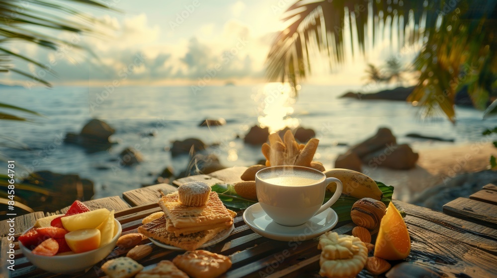 Wall mural A cup of coffee and a plate with fruit, breads and pastries, AI