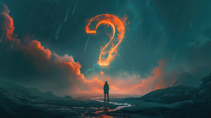 large question mark looming over person standing at crossroads pondering which path to take, concept of Indecision and Uncertainty, created with Generative AI technology