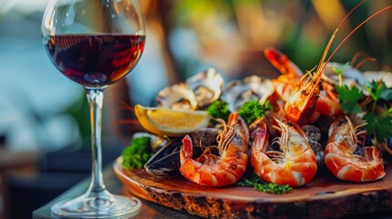 A plate of seafood and a glass of wine on the table, AI