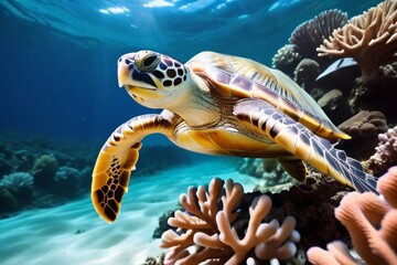 Obraz premium Turtle on the background of a coral reef.