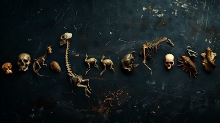 Fototapeta premium The concept of evolution depicted by a sequence of fossilized remains leading to modern animals