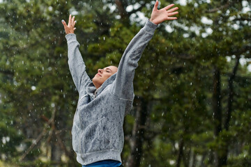 Joyful Runner Relishing a Refreshing Rainy Day Post Workout