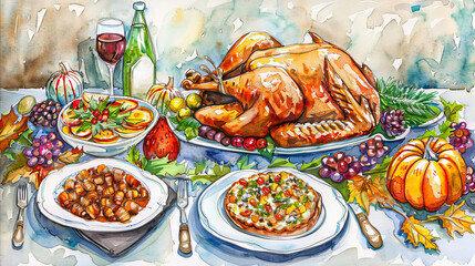 Fototapeta premium Thanksgiving dinner table with roasted turkey, pumpkin, salad, bread and wine.