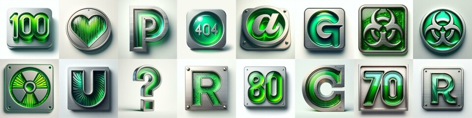 Obraz premium Brushed steel with Green glass Lettering Typeface. AI generated illustration