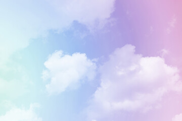 Pastel sky purple pink blue with white cloud. Fantasy background. Summer Spring backdrop. Beautiful colourful nature sky.