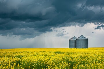Two empty grain silos in a canola field under stormy sky in Alberta prairies
