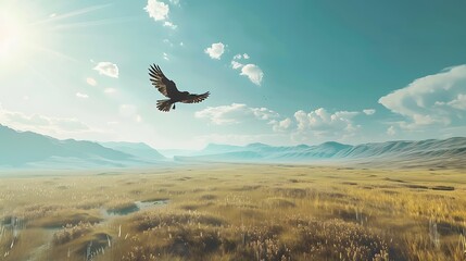 Naklejka premium The concept of freedom illustrated by a bird soaring above vast open plains