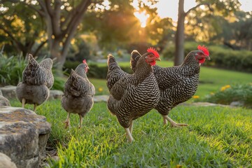 A photo of a group of chickens walking through the grass in an open farm field on a sunny day, with trees and greenery in the background, golden hour lighting. 