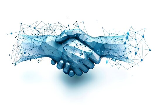 3d low poly illustration of handshake with network around it on white background, blue color scheme 
