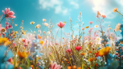 Poster de jardin Prairie, marais A field of flowers with a blue sky in the background, AI  © starush