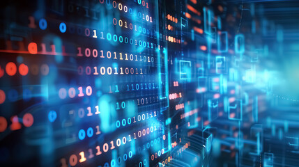 abstract binary code 1 and 0 in blue red colors data processing digital information storage tech background