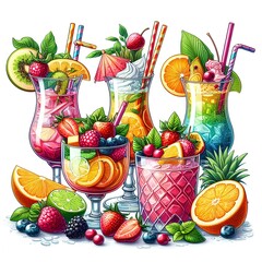 Set of cocktails with decoration from fruits and colorful straw isolated on white background.