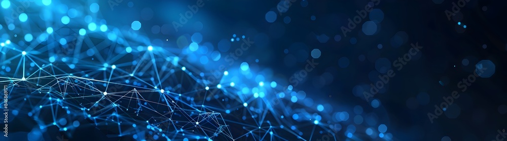 Poster abstract background with blue glowing dots and connection lines on a dark gradient, representing a t