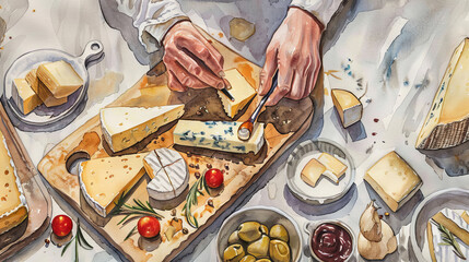 The image shows a wooden board with a variety of cheeses, as well as olives, tomatoes, and crackers