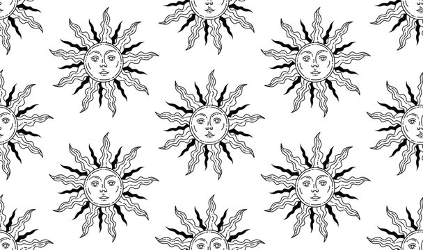 Seamless sun pattern. Graphic arts. The sun with a human face. Black and white pattern. Magic ornament.
