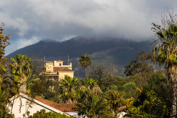 Landscape with mountains and palm trees.