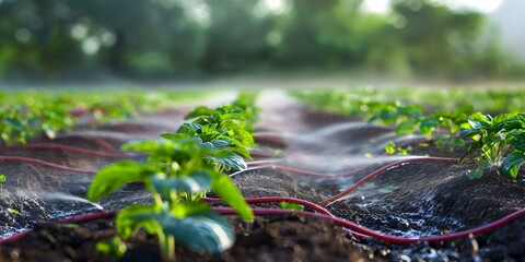 Efficient Water Distribution in Agricultural Fields Using Drip Irrigation System. Concept Water Conservation, Agriculture, Drip Irrigation, Efficient Farming Practices, Sustainability