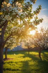 spring, flowering fruit trees, apple buds, garden, everything blooms, at sunset, cover, wallpaper, big tree in flowers