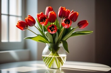 Fototapeta premium a bouquet of red tulips in a transparent vase on a light background on the table