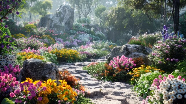 Paradise garden filled with diverse flowers and a rockery in royal botanical gardens, photo-realistic view