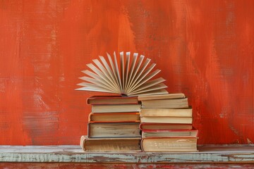 Vintage books stacked on wooden table with red background Back to school theme Educational setting...