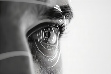 Close-up of man eye with digital futuristic interface overlay. Artificial intelligence. Futuristic technology and innovation. Face recognition system. High tech implant. Monochrome conceptual shot