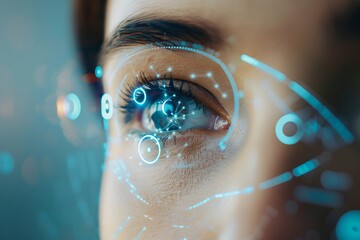 Close-up of eye with digital futuristic interface overlay. Artificial intelligence concept. Futuristic technology and innovation. Face recognition system. High tech implant in human eye. Poster design