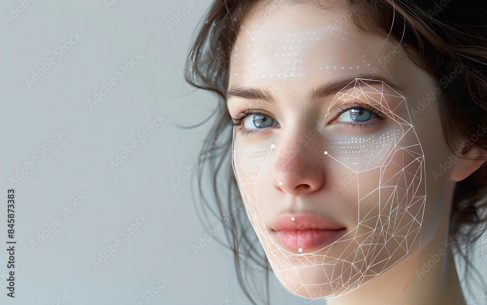 Poster woman with digital biometric scanning program. face detection and facial recognition. face id and ar