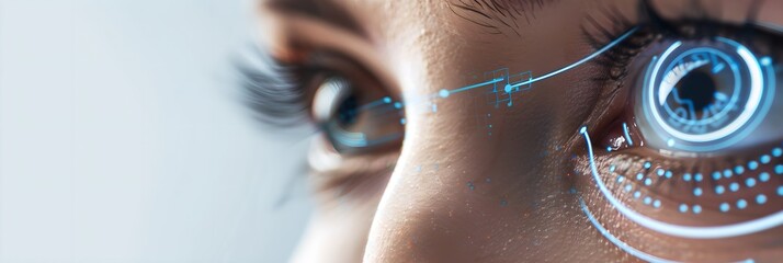 Close-up of female eye with digital futuristic interface overlay. Artificial intelligence. Futuristic technology and innovation. Face recognition system. High tech implant. Banner with copy space