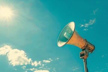Vintage horn speaker symbol in sunlit blue sky for PR