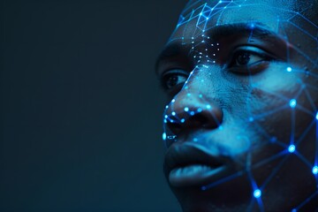 African american man with digital biometric scan grid. Face detection and facial recognition. Face ID and artificial intelligence concept. High tech security system. Studio portrait with copy space