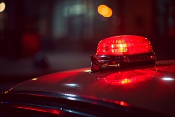 Vintage red police car with rotating retro siren in darkness