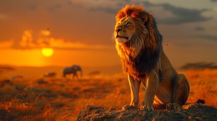 A lion is sitting on top of a rock in the sunset, AI