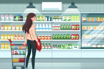 Illustrated image of a lady casually shopping, viewed from behind with products in focus