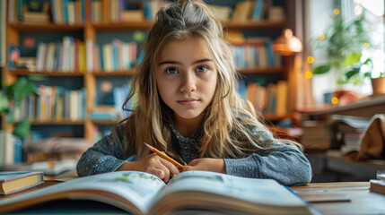 A child studying at home, surrounded by books and educational tools, with a parent assisting