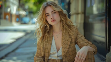 Fototapeta premium A woman sitting on the side of a street wearing tan pants, AI