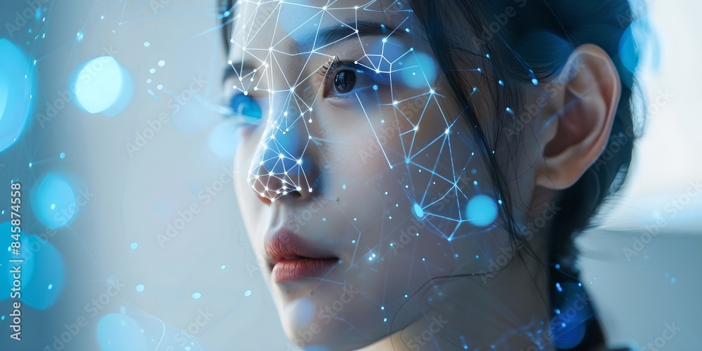 Wall mural asian woman with digital biometric scan grid. face detection and facial recognition. face id and art