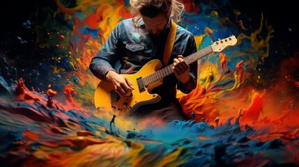 Obraz premium Abstract illustration of a man playing guitar in an explosion of colorful paint on a colorful background