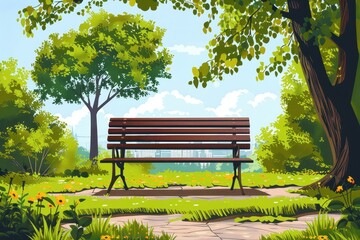 Vibrant illustration of a park bench illuminated by sunlight with lush green grass and trees in a peaceful park setting