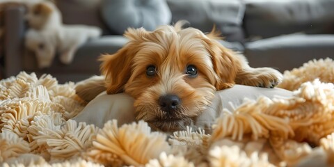 Playful puppy bites pillow guilty look after mischief messy living room. Concept Pet Training, Puppy Behavior, Playtime Activities, Potty Training