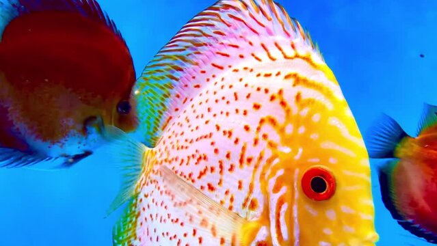 4K This clip features brightly colored discus fish swimming in an aquarium. Discus fish, known for their distinctive round, laterally compressed bodies and vibrant colors, are popular pompadour