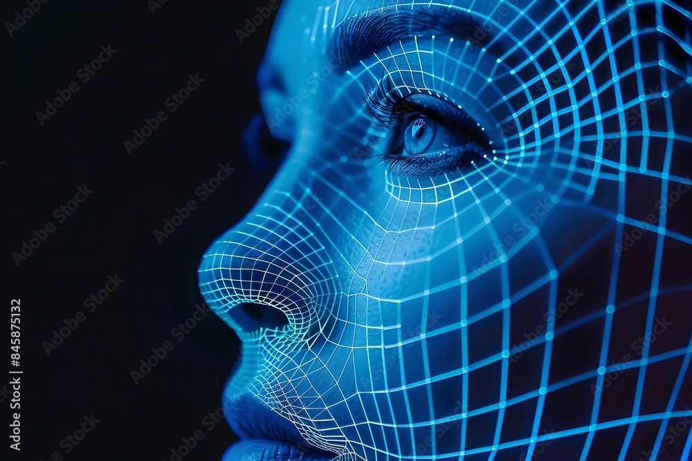 Canvas Prints close-up woman portrait with digital biometric grid. face detection and facial recognition. face id 