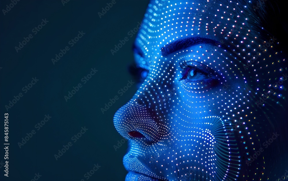 Canvas Prints close-up woman portrait with digital biometric grid. face detection and facial recognition. face id 