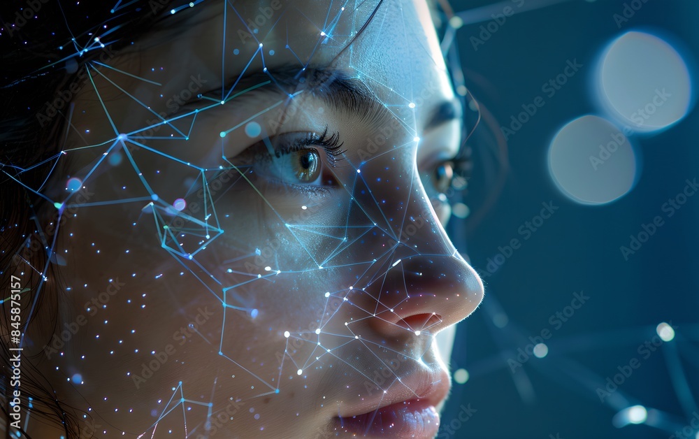 Wall mural close-up woman portrait with digital biometric grid. face detection and facial recognition. face id 