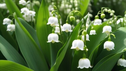 Fototapeta premium Blooming lily of the valley. White flowers of forest lily of the valley against a background of green leaves, snowdrops ecological botanical nature