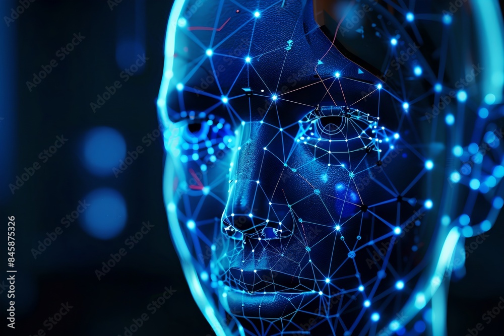 Poster face with digital network wireframe. artificial intelligence concept. futuristic technology and inno