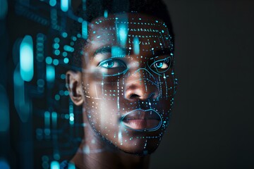 African american man with digital biometric scanning program. Face detection and facial recognition. Face ID and artificial intelligence concept. High tech security system. Studio portrait 