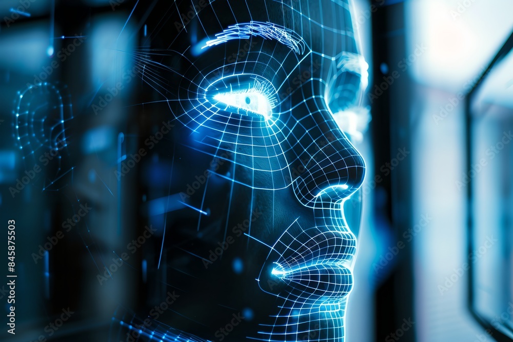 Poster face with digital network wireframe. artificial intelligence concept. futuristic technology and inno