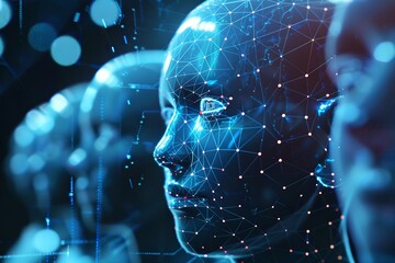 Human heads with digital network wireframe. Artificial intelligence concept. Futuristic technology and innovation. Data grid design